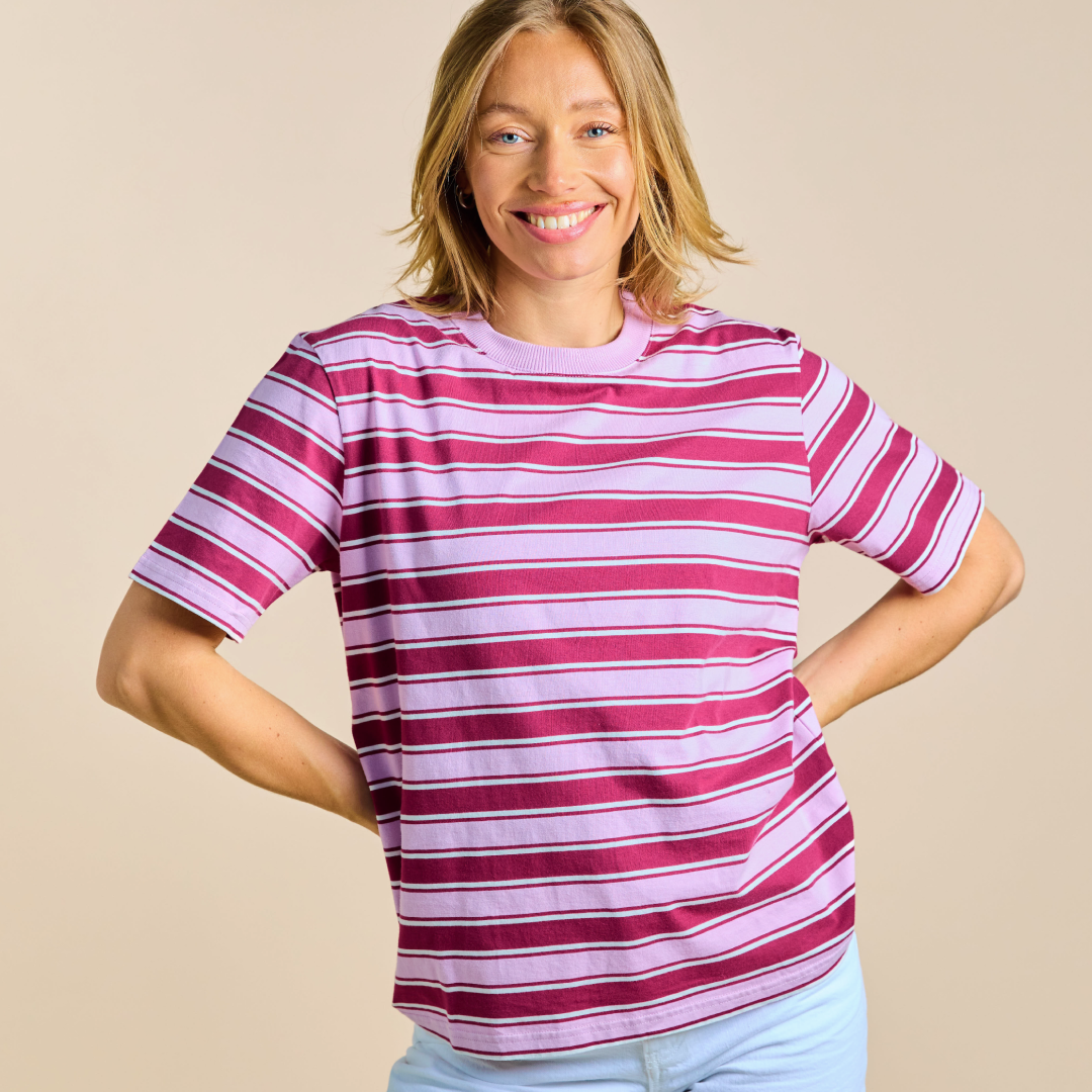 T-Shirt Gestreift aus Bio-Baumwolle in Aubergine/Pink