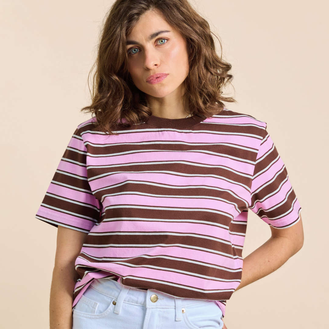 Organic Cotton T-Shirt (Striped) in Brown/Pink