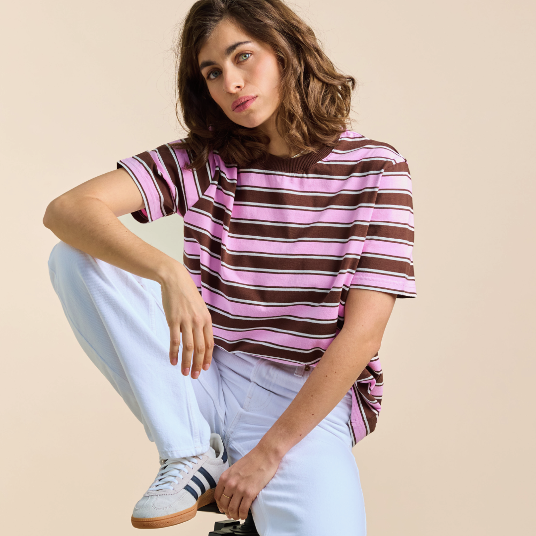 Organic Cotton T-Shirt (Striped) in Brown/Pink