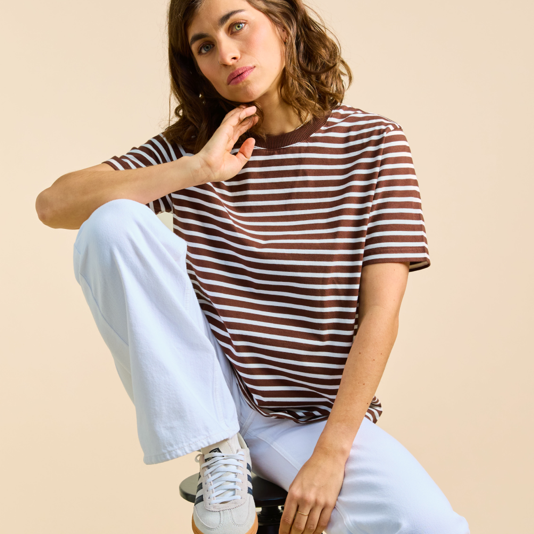 Organic Cotton T-Shirt (Striped) in Brown/Off-White