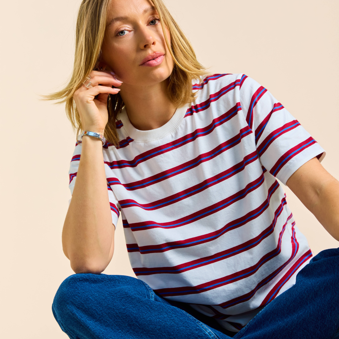T-Shirt Gestreift aus Bio-Baumwolle in Königsblau/Rot