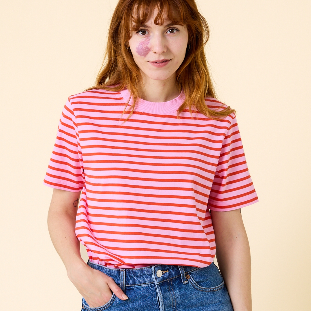Organic Cotton T-Shirt (Striped) in Pink/Red